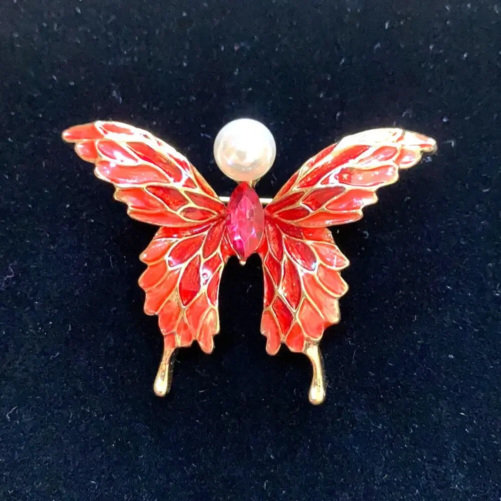 Butterfly brooch gold pink pink rhinestone delicate coral enamel faux pearl